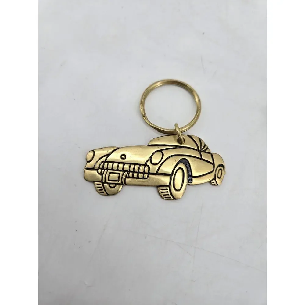 Vintage 1980s Russ Corvette Car Brass Keychain Made In Taiwan T20